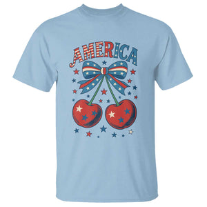 Retro Americana Cherries and Stars Coquette Bow T Shirt America Cute Patriotic 4th Of July US TS02 Light Blue Print Your Wear