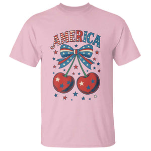Retro Americana Cherries and Stars Coquette Bow T Shirt America Cute Patriotic 4th Of July US TS02 Light Pink Print Your Wear