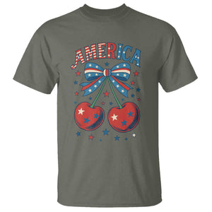 Retro Americana Cherries and Stars Coquette Bow T Shirt America Cute Patriotic 4th Of July US TS02 Military Green Print Your Wear