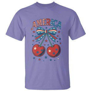 Retro Americana Cherries and Stars Coquette Bow T Shirt America Cute Patriotic 4th Of July US TS02 Violet Print Your Wear