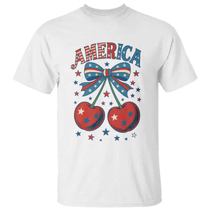 Retro Americana Cherries and Stars Coquette Bow T Shirt America Cute Patriotic 4th Of July US TS02 White Print Your Wear