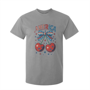 Retro Americana Cherries and Stars Coquette Bow T Shirt For Kid America Cute Patriotic 4th Of July US TS02 Sport Gray Print Your Wear