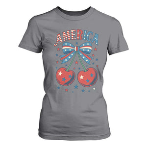Retro Americana Cherries and Stars Coquette Bow T Shirt For Women America Cute Patriotic 4th Of July US TS02 Charcoal Print Your Wear