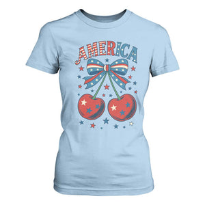 Retro Americana Cherries and Stars Coquette Bow T Shirt For Women America Cute Patriotic 4th Of July US TS02 Light Blue Print Your Wear