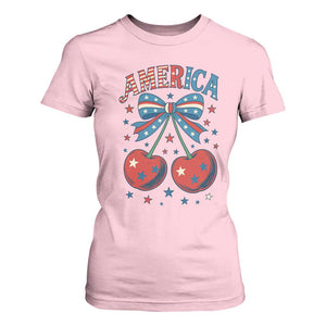 Retro Americana Cherries and Stars Coquette Bow T Shirt For Women America Cute Patriotic 4th Of July US TS02 Light Pink Print Your Wear