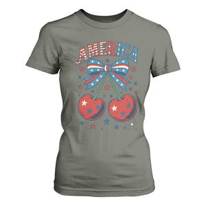Retro Americana Cherries and Stars Coquette Bow T Shirt For Women America Cute Patriotic 4th Of July US TS02 Military Green Print Your Wear