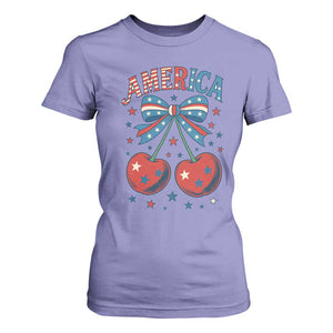 Retro Americana Cherries and Stars Coquette Bow T Shirt For Women America Cute Patriotic 4th Of July US TS02 Violet Print Your Wear