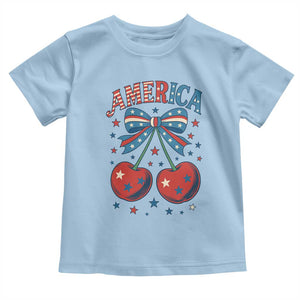Retro Americana Cherries and Stars Coquette Bow Toddler T Shirt America Cute Patriotic 4th Of July US TS02 Light Blue Print Your Wear
