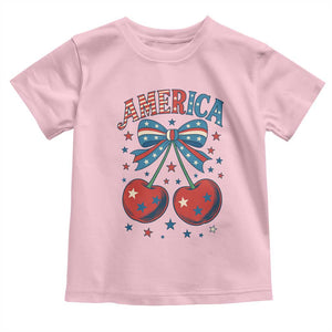 Retro Americana Cherries and Stars Coquette Bow Toddler T Shirt America Cute Patriotic 4th Of July US TS02 Light Pink Print Your Wear