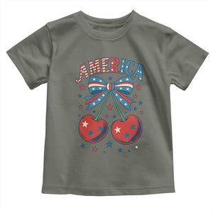 Retro Americana Cherries and Stars Coquette Bow Toddler T Shirt America Cute Patriotic 4th Of July US TS02 Military Green Print Your Wear