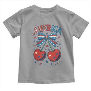 Retro Americana Cherries and Stars Coquette Bow Toddler T Shirt America Cute Patriotic 4th Of July US TS02 Sport Gray Print Your Wear