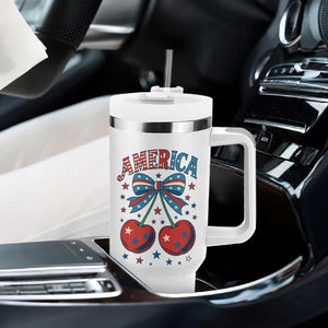 Retro Americana Cherries and Stars Coquette Bow Tumbler With Handle America Cute Patriotic 4th Of July US TS02 Print Your Wear