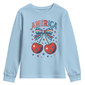 Retro Americana Cherries and Stars Coquette Bow Youth Sweatshirt America Cute Patriotic 4th Of July US TS02 Light Blue Print Your Wear