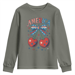 Retro Americana Cherries and Stars Coquette Bow Youth Sweatshirt America Cute Patriotic 4th Of July US TS02 Military Green Print Your Wear