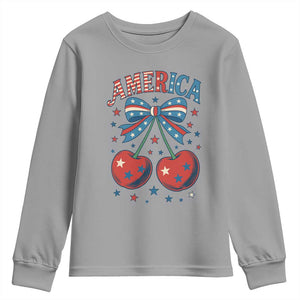Retro Americana Cherries and Stars Coquette Bow Youth Sweatshirt America Cute Patriotic 4th Of July US TS02 Sport Gray Print Your Wear