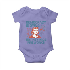 Retro Lady Democracy Is Dying But Hey Nice Fireworks Baby Onesie Funny 4th of July Political Satire TS02 Violet Print Your Wear