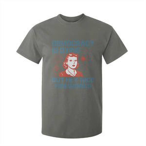 Retro Lady Democracy Is Dying But Hey Nice Fireworks T Shirt For Kid Funny 4th of July Political Satire TS02 Military Green Print Your Wear