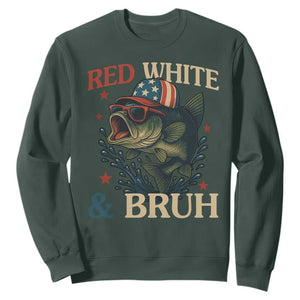 Retro Red White And Bruh Fishing Sweatshirt Funny Patriotic Bass 4th Of July TS02 Dark Forest Green Print Your Wear