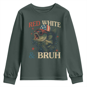 Retro Red White And Bruh Fishing Youth Sweatshirt Funny Patriotic Bass 4th Of July TS02 Dark Forest Green Print Your Wear