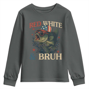 Retro Red White And Bruh Fishing Youth Sweatshirt Funny Patriotic Bass 4th Of July TS02 Dark Heather Print Your Wear