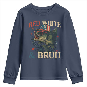 Retro Red White And Bruh Fishing Youth Sweatshirt Funny Patriotic Bass 4th Of July TS02 Navy Print Your Wear