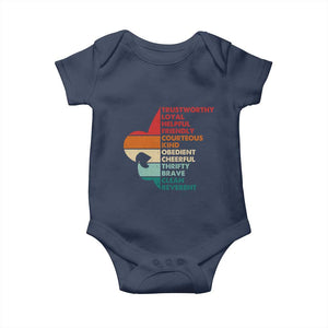 Retro Scout Law Values Baby Onesie Vintage Fleur-de-Lis TS02 Navy Print Your Wear