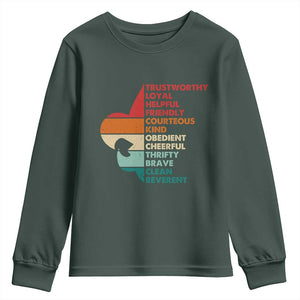 Retro Scout Law Values Youth Sweatshirt Vintage Fleur-de-Lis TS02 Dark Forest Green Print Your Wear
