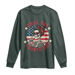 Retro Skeleton 4th of July Long Sleeve Shirt Chill The Fourth Out Funny Patriotic American Flag TS02 Dark Forest Green Print Your Wear