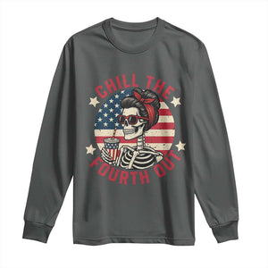 Retro Skeleton 4th of July Long Sleeve Shirt Chill The Fourth Out Funny Patriotic American Flag TS02 Dark Heather Print Your Wear