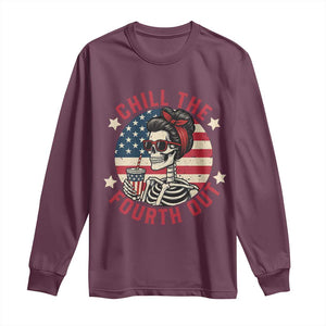 Retro Skeleton 4th of July Long Sleeve Shirt Chill The Fourth Out Funny Patriotic American Flag TS02 Maroon Print Your Wear