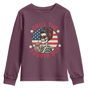 Retro Skeleton 4th of July Youth Sweatshirt Chill The Fourth Out Funny Patriotic American Flag TS02 Maroon Print Your Wear