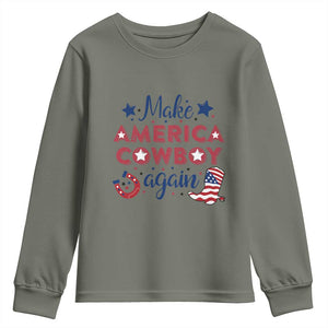 Retro Western Cowboys Youth Sweatshirt Make America A Cowboy Again Country Lifestyle Rodeo TS02 Military Green Print Your Wear