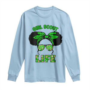 Scout Girl Cookie Dealer Long Sleeve Shirt Troop Leader Little Messy Bun TS02 Light Blue Print Your Wear