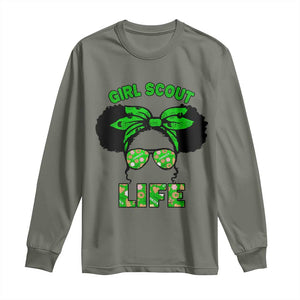Scout Girl Cookie Dealer Long Sleeve Shirt Troop Leader Little Messy Bun TS02 Military Green Print Your Wear