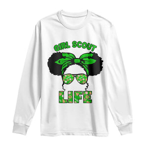 Scout Girl Cookie Dealer Long Sleeve Shirt Troop Leader Little Messy Bun TS02 White Print Your Wear