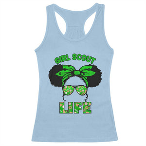 Scout Girl Cookie Dealer Racerback Tank Top Troop Leader Little Messy Bun TS02 Light Blue Print Your Wear