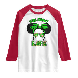 Scout Girl Cookie Dealer Raglan Shirt Troop Leader Little Messy Bun TS02 White Red Print Your Wear