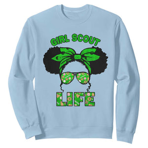 Scout Girl Cookie Dealer Sweatshirt Troop Leader Little Messy Bun TS02 Light Blue Print Your Wear