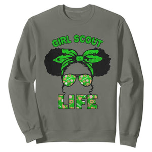 Scout Girl Cookie Dealer Sweatshirt Troop Leader Little Messy Bun TS02 Military Green Print Your Wear