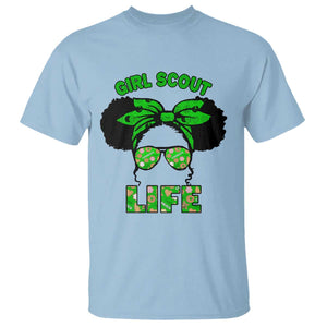 Scout Girl Cookie Dealer T Shirt Troop Leader Little Messy Bun TS02 Light Blue Print Your Wear
