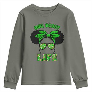 Scout Girl Cookie Dealer Youth Sweatshirt Troop Leader Little Messy Bun TS02 Military Green Print Your Wear