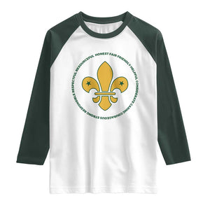 Scout Law Values Raglan Shirt Scouting Troop Leader Fleur-de-Lis TS02 White Dark Forest Green Print Your Wear