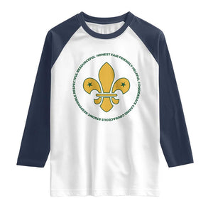 Scout Law Values Raglan Shirt Scouting Troop Leader Fleur-de-Lis TS02 White Navy Print Your Wear