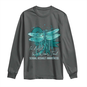 Sexual Assault Awareness Long Sleeve Shirt In April We Wear Teal Ribbon Butterfly TS02 Dark Heather Print Your Wear