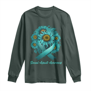 Sexual Assault Awareness Long Sleeve Shirt Teal Ribbon Sunflowers Support TS02 Dark Forest Green Print Your Wear