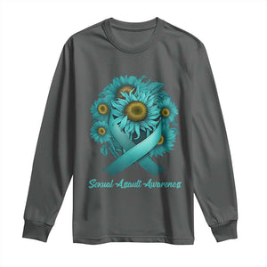 Sexual Assault Awareness Long Sleeve Shirt Teal Ribbon Sunflowers Support TS02 Dark Heather Print Your Wear