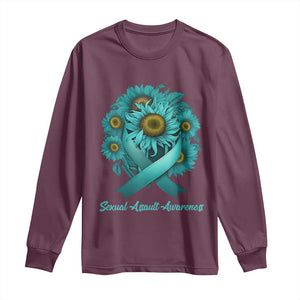 Sexual Assault Awareness Long Sleeve Shirt Teal Ribbon Sunflowers Support TS02 Maroon Print Your Wear
