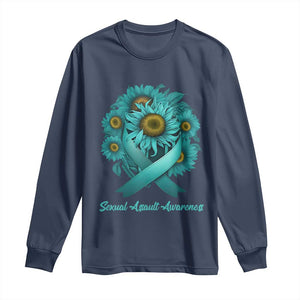Sexual Assault Awareness Long Sleeve Shirt Teal Ribbon Sunflowers Support TS02 Navy Print Your Wear