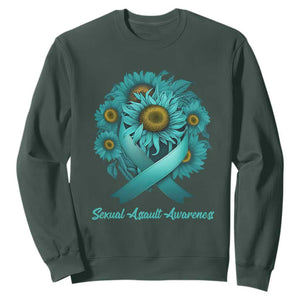 Sexual Assault Awareness Sweatshirt Teal Ribbon Sunflowers Support TS02 Dark Forest Green Print Your Wear