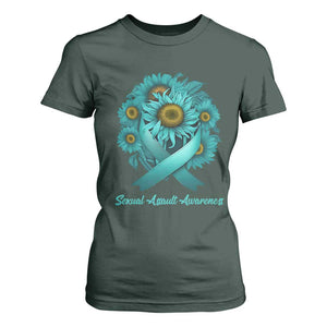 Sexual Assault Awareness T Shirt For Women Teal Ribbon Sunflowers Support TS02 Dark Forest Green Print Your Wear